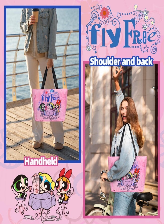 CoCube+ The Powerpuff Girls Tote Bag for Women - Cartoon Lightweight Handbag with Zipper & Cup Holder & Laptop Compartment, Pink Shoulder Bag for Work, Travel, Gym, Christmas Gifts - Image 2